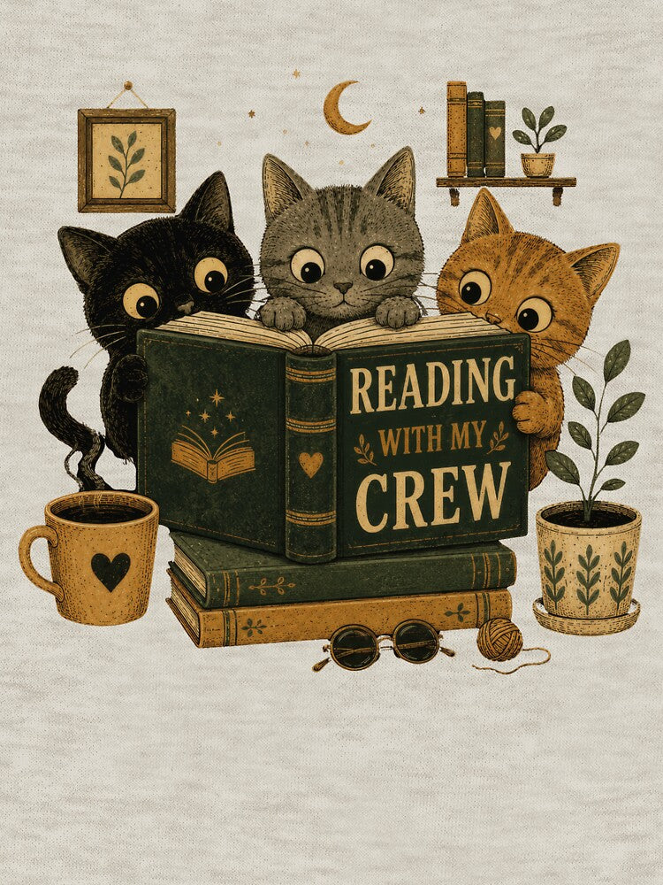 Reading With My Crew | Cute Cats Book Lover Graphics by PrintSpire Studios