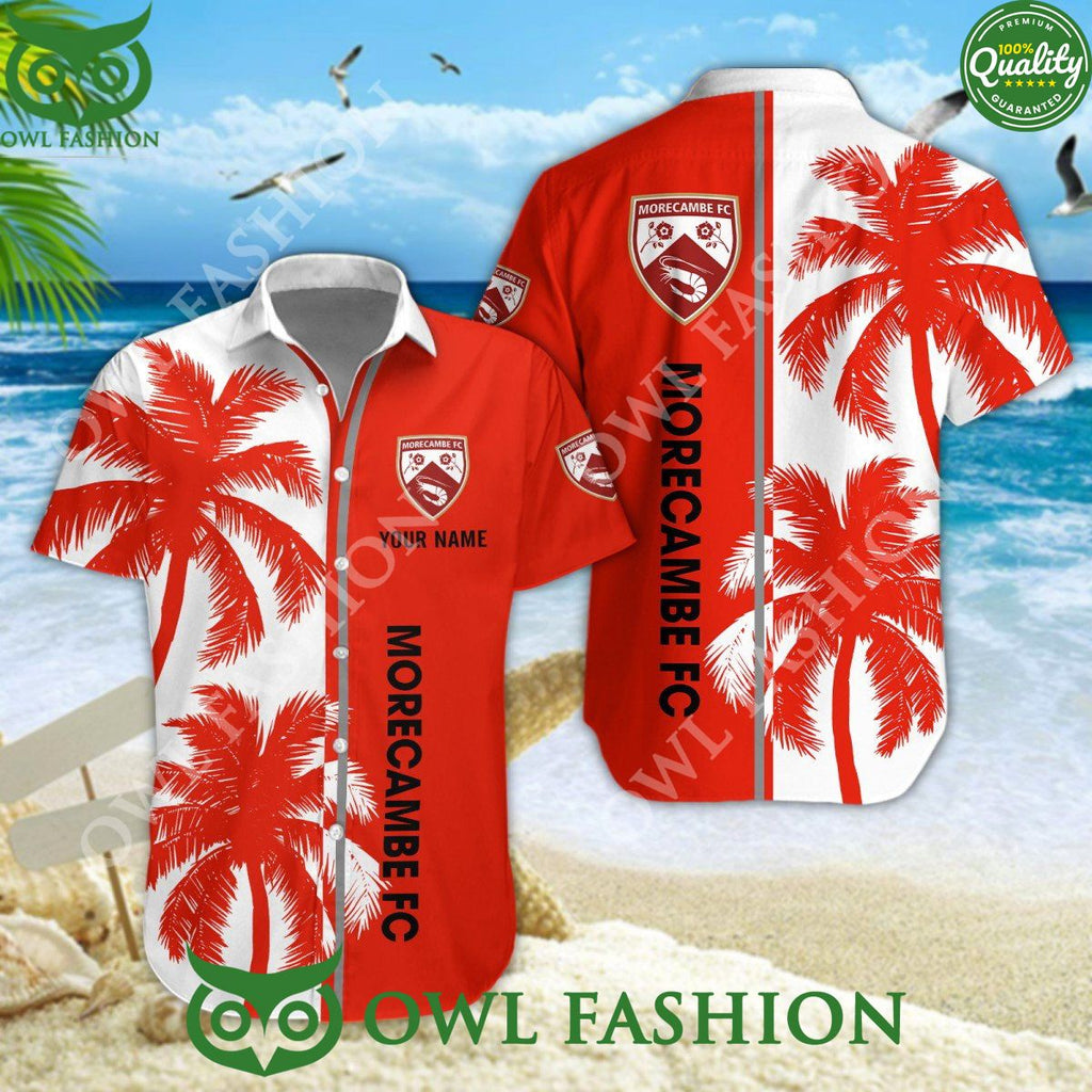 Red Custom Name Morecambe EFL League Two summer beach tropical coconut tree 2024 Hawaiian Shirt