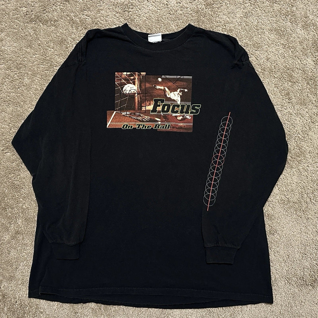 Vintage Soccer Shirt Mens 2XL Focus On The Ball Graphic Print Long Sleeve Black