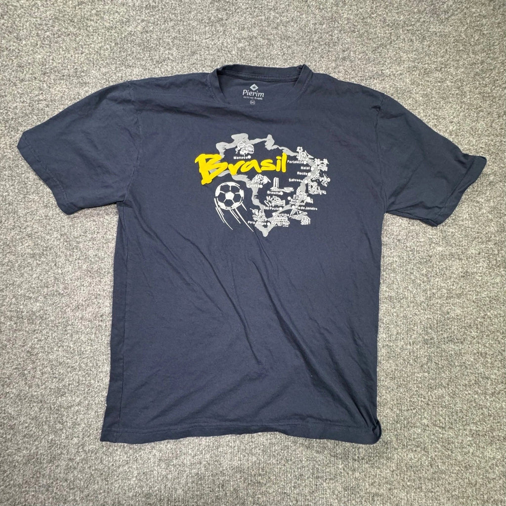 Pierim Brasil Souvenir T-Shirt Men L Navy Blue Map Soccer Ball Graphic Print Tee