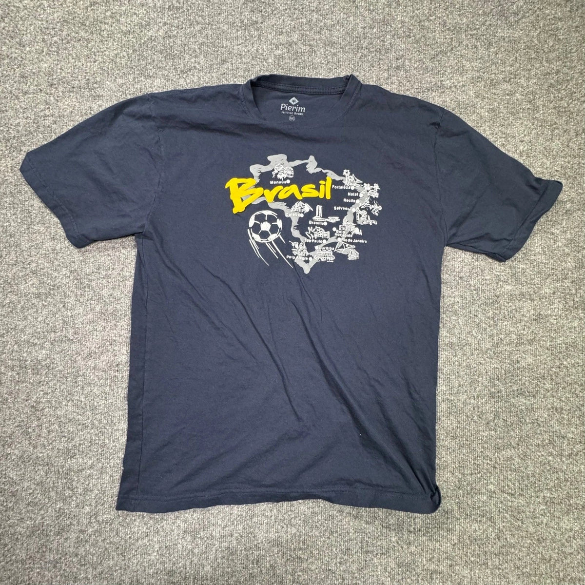 Pierim Brasil Souvenir T-Shirt Men L Navy Blue Map Soccer Ball Graphic Print Tee