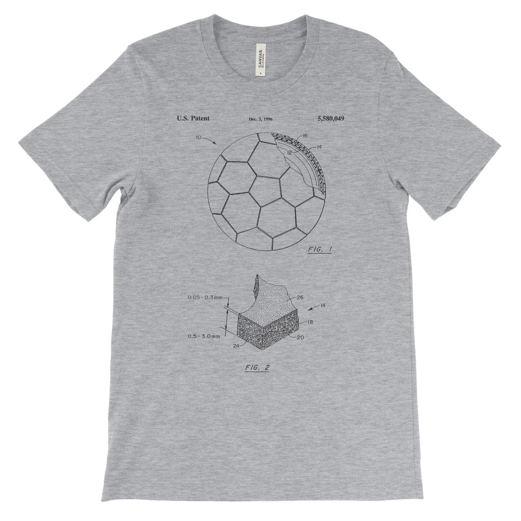 Soccer Ball Patent T-Shirt.100% Cotton Comfy Tee on Black White or Gray. NEW