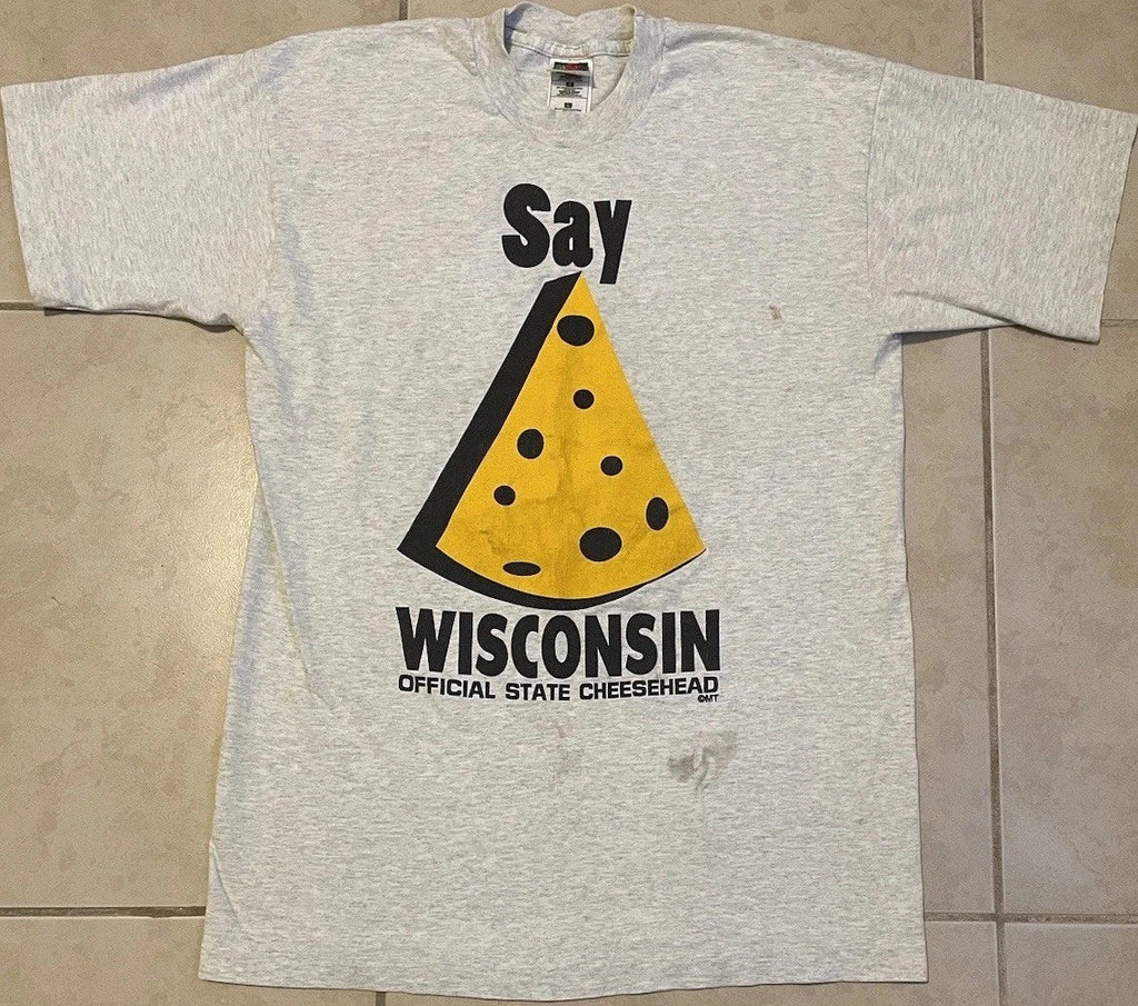 Vtg 90s Wisconsin Cheese Head Faded Distress Shirt L Funny Joke College Grunge