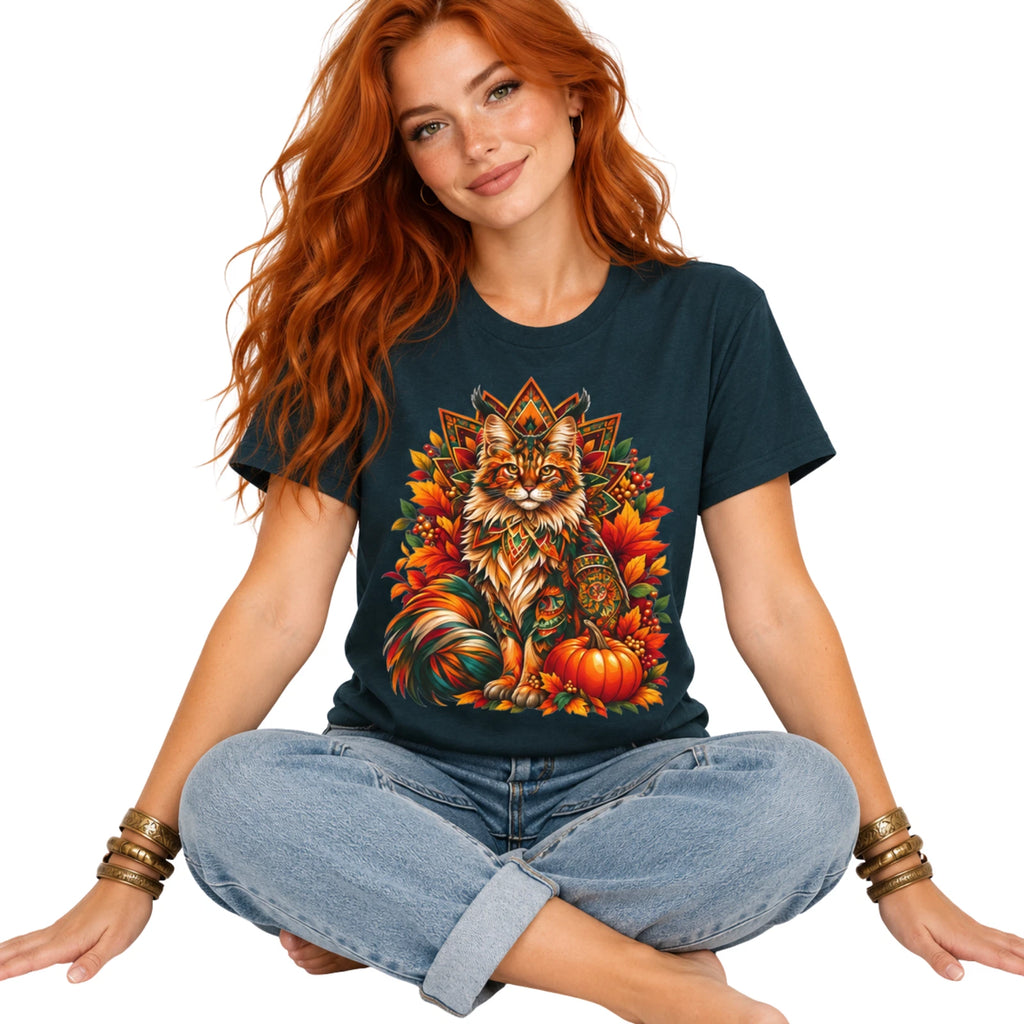 Maine Coon Cat T-Shirt Autumn Pumpkin Fall Leaves Womens Unisex Cat Lover Gift