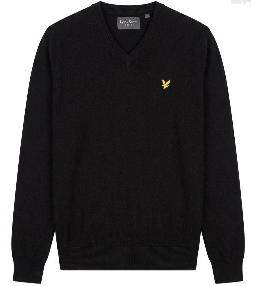 Lyle & Scott Vintage Men's V-Neck Jumper Black Cotton Merino Wool Knit Sweater