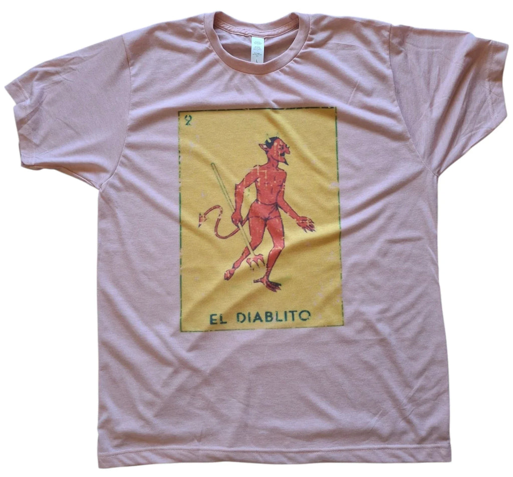 Men's El Diablito Vintage pink T-shirt Loteria Diablo Devil Mexican soft style