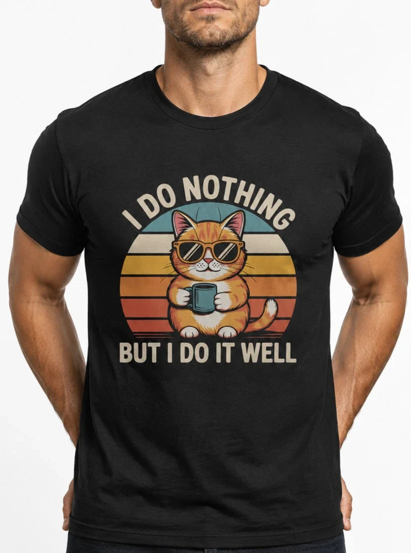 Funny Cat T-Shirt Lazy Cat Coffee Shirt Retro Sunset Graphic Tee Unisex Gift