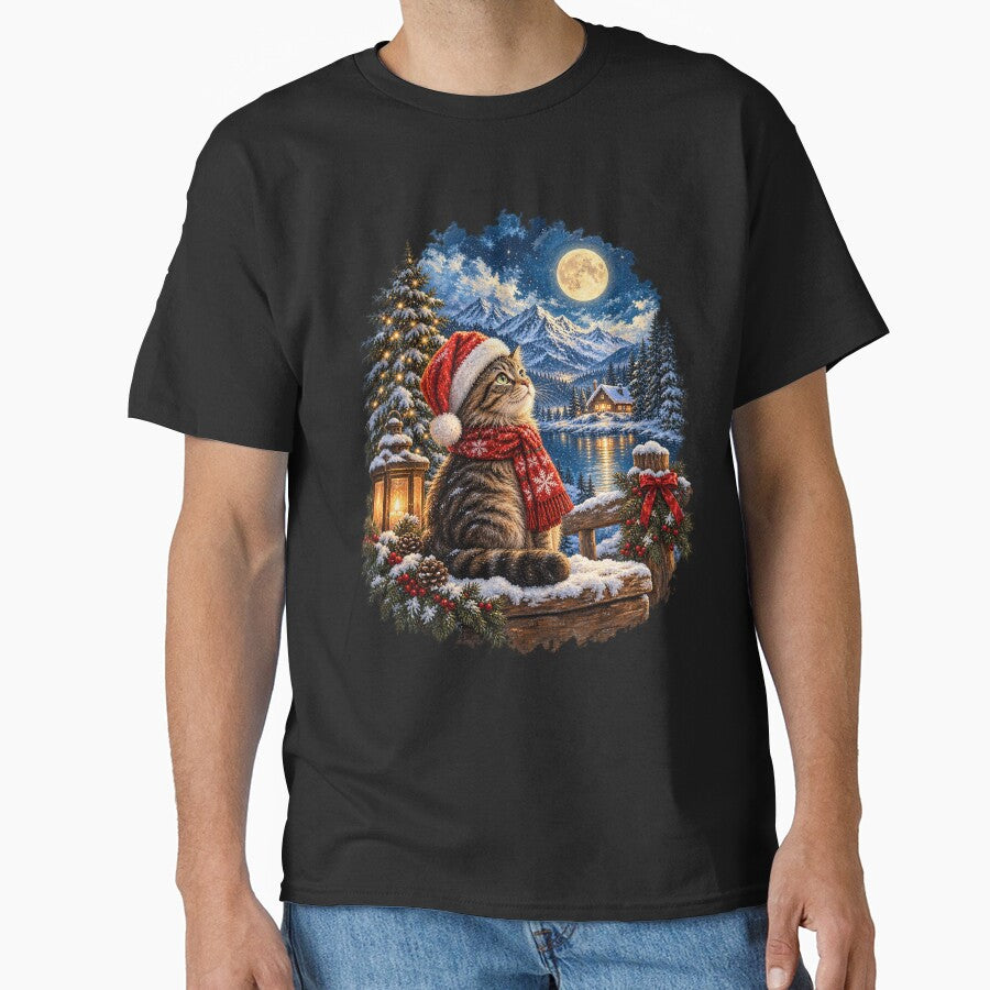 Magical Christmas Cat with Santa Hat, Full Moon and Snowy Mountain Winter Wonderland by SOUFIANE1991