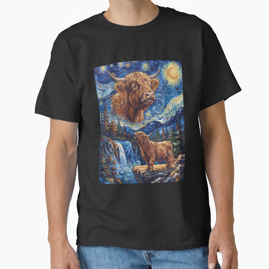 Highland Cow Howling Moon Starry Night Van Gogh Art Animal Lover by dian-rody-crest