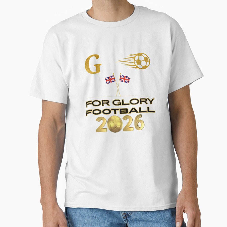 For Glory Football 2026 United Kingdom Soccer Fan Gold Ball UK Flag Football Supporter black t shirt by Art IN Pack