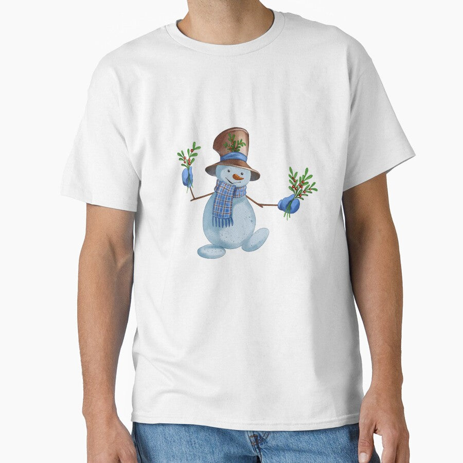 Christmas Snowman Holding an Evergreen Branch – Winter Holiday Illustration by Ms. Iryna