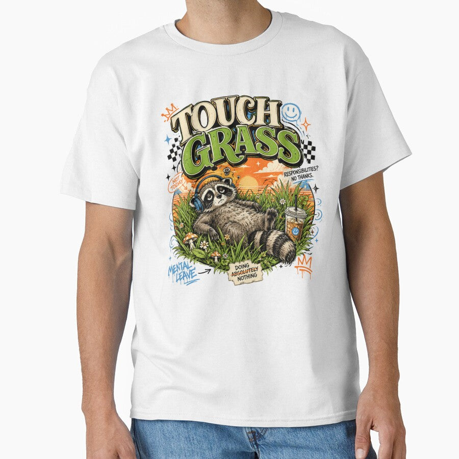 Touch Grass Tired Raccoon Design by Softbear Atelier