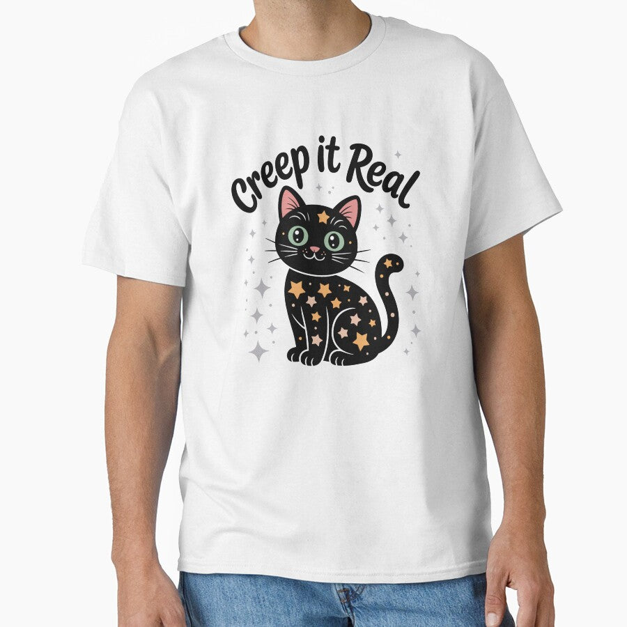 Creep It Real Cute Black Cat Halloween Design | Spooky Aesthetic Starry Cat Art by HahaHandlesHub