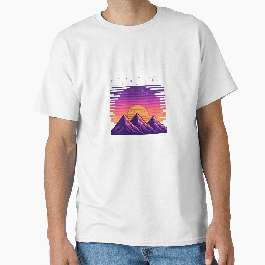 Retro Synthwave Pixel Sunset Mountains by DerMetz