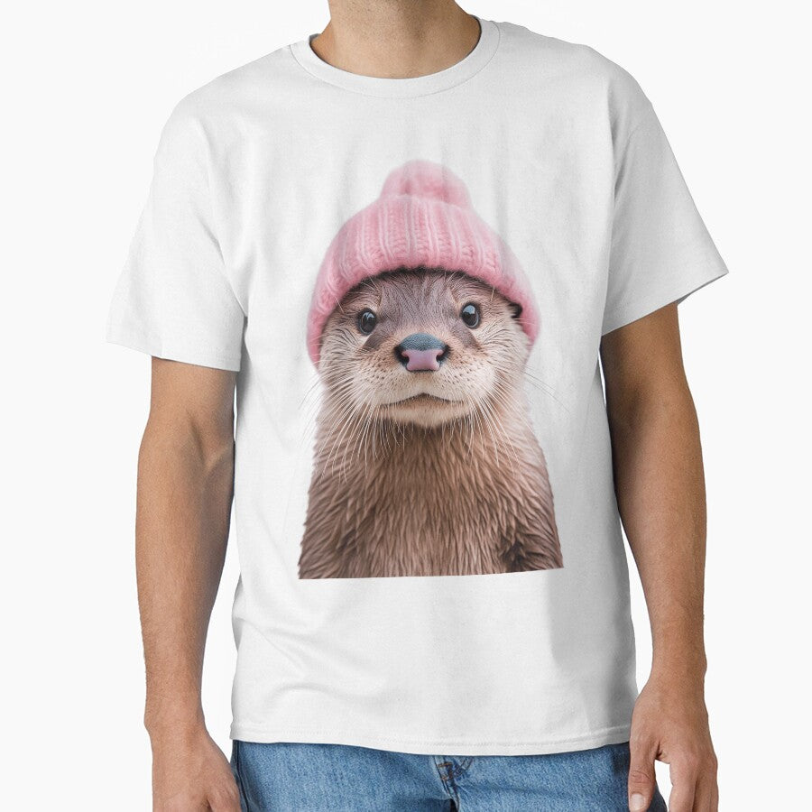 Cozy Otter Wearing Pink Winter Hat Trendy Animal Fashion Artwork by LazyOwlStore