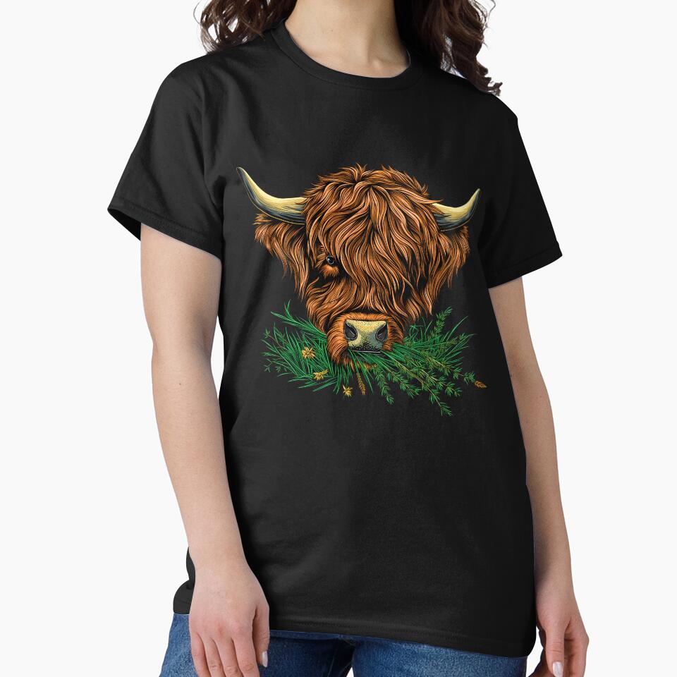 Scottish or irish fluffy  highland cattle cow animal grazing grass head illustration by NBSStore