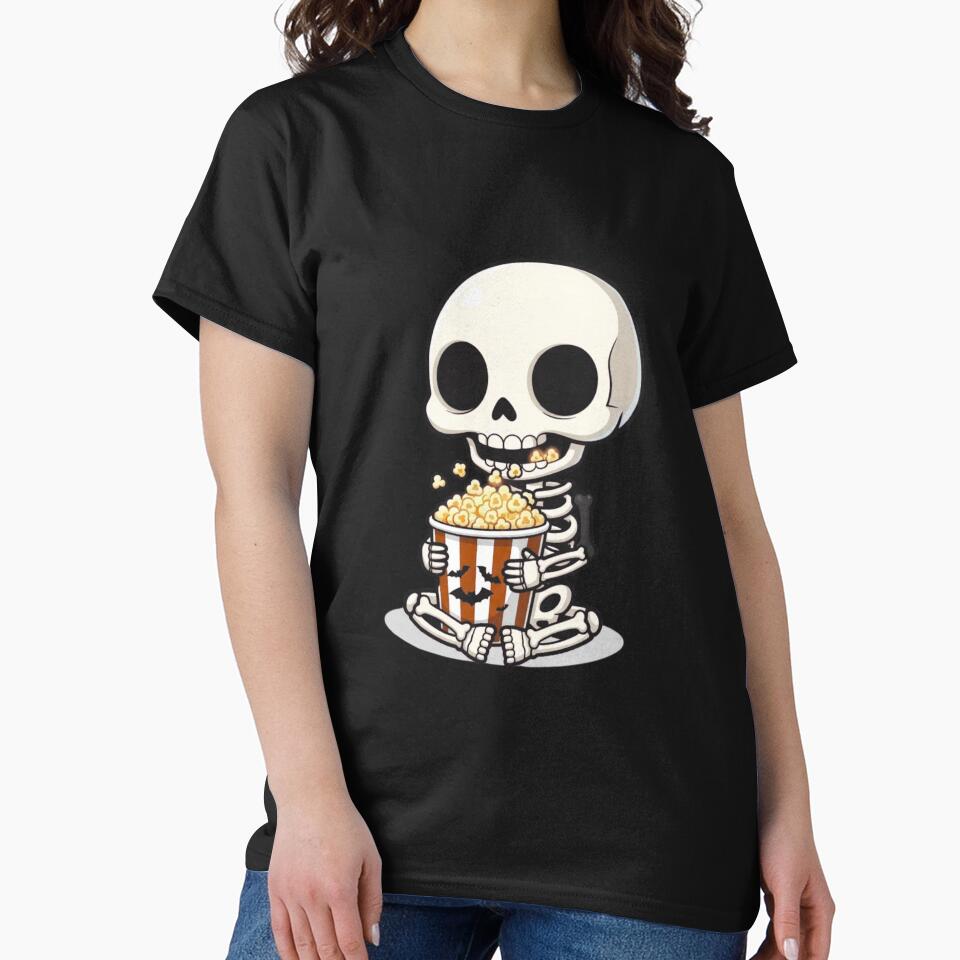 Chibi Skeleton Eating Popcorn | Funny Kawaii Halloween Design by ColorSplash123