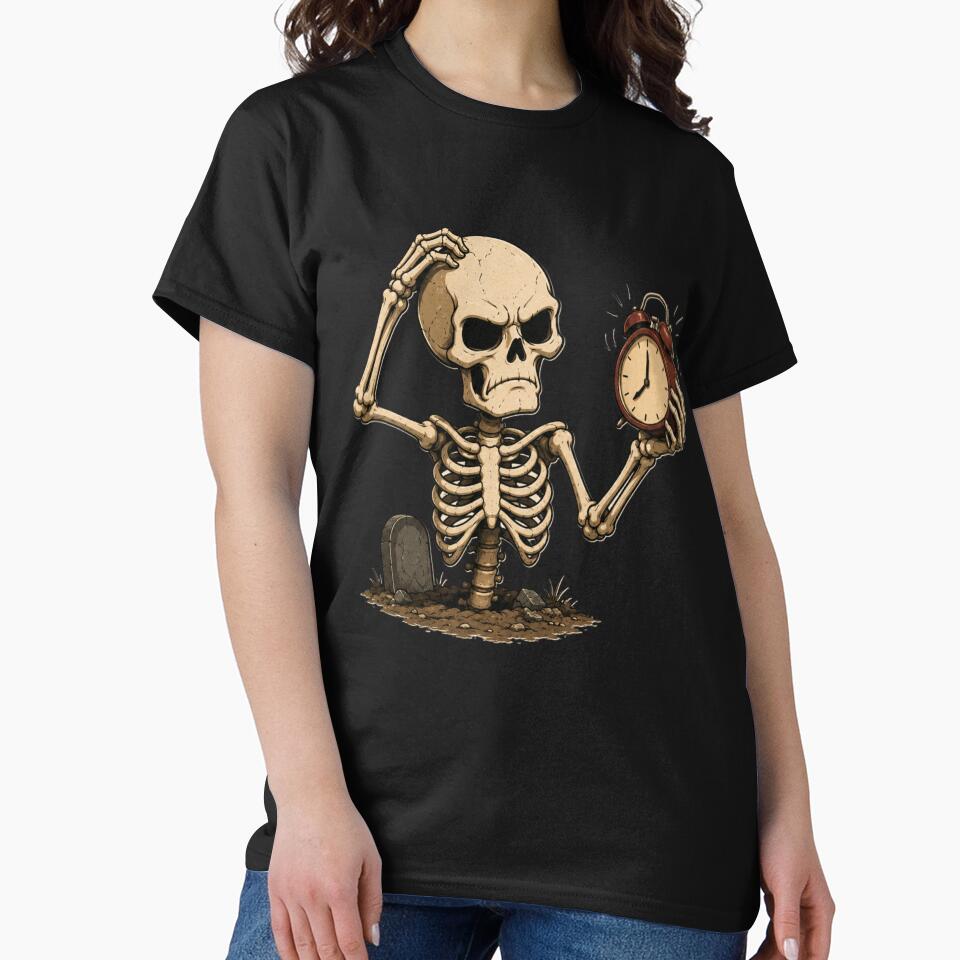 Funny Halloween Skeleton Waking Up Too Early – Vintage Alarm Clock Cartoon by Jollivane Studio