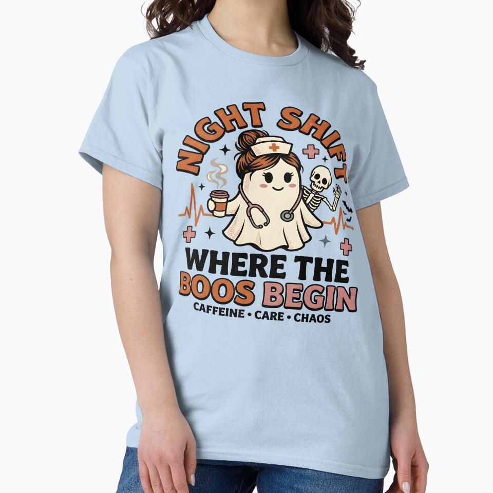Night Shift Where the Boos Begin – Funny Halloween Nurse Ghost by Design-Fever-Co