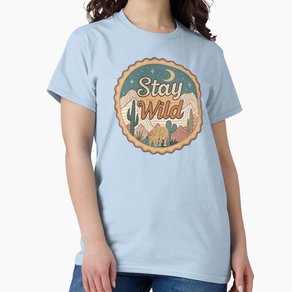 Stay Wild Vintage Nature Badge – Retro Desert Mountains Elephant Illustration by A1MarketDesigne