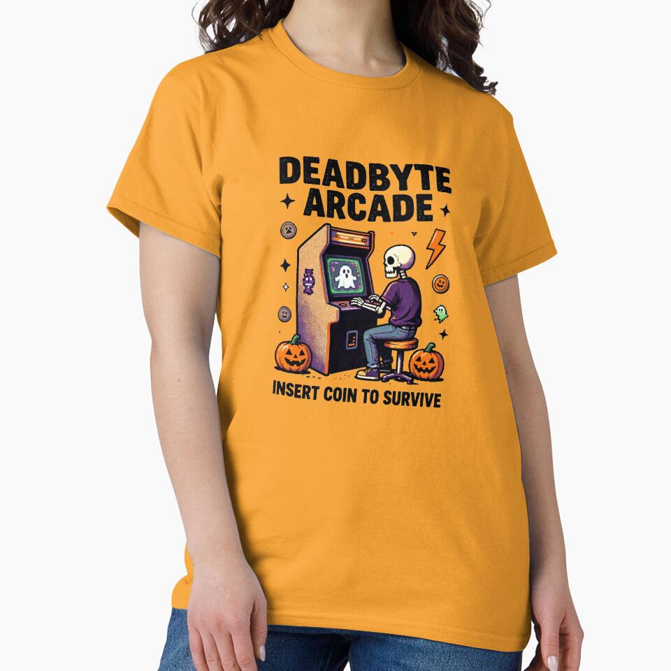 Deadbyte Arcade Insert Coin to Survive – Funny Retro Halloween Gamer T-Shirt by Thompika