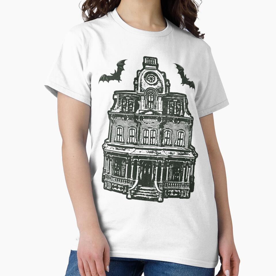 Haunted Victorian Mansion Bats Gothic House Woodcut Green by Ghoul Enterprises