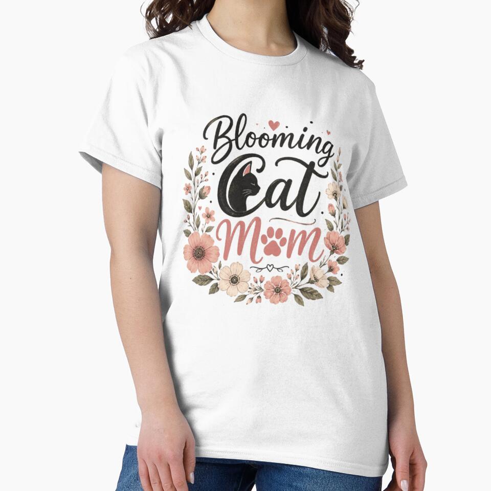 Blooming Cat Mom Floral Cute Cat Lover Retro T-Shirt by 1PRINTORA1
