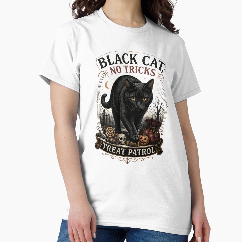 BLACK CAT, NO TRICKS Treat Patrol Halloween Gothic Engraving by BernoNickel