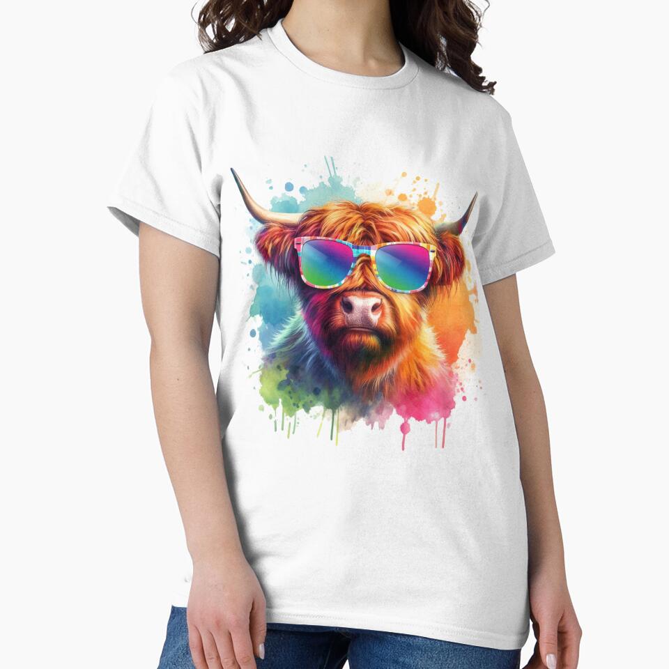 Scottish Highland Cow in Sunglasses Colorful Watercolor by MaedK
