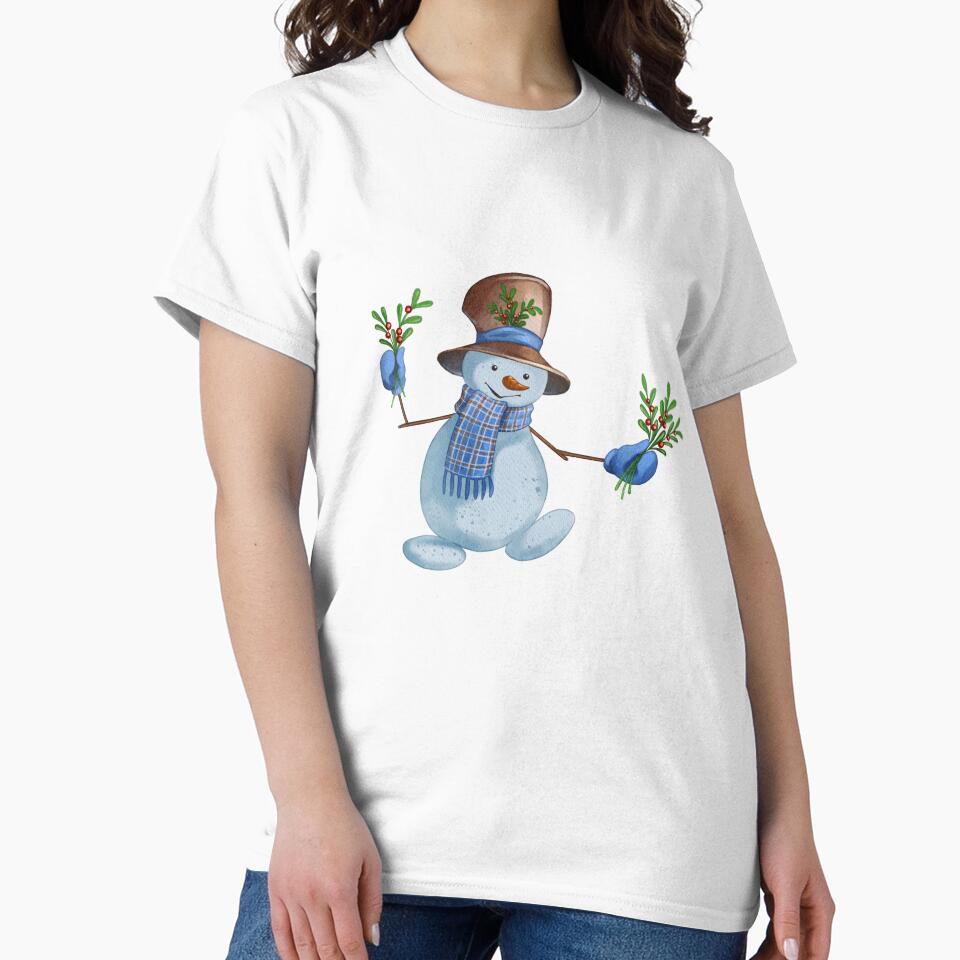 Christmas Snowman Holding an Evergreen Branch – Winter Holiday Illustration by Ms. Iryna