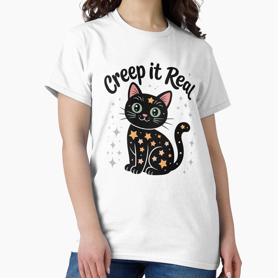 Creep It Real Cute Black Cat Halloween Design | Spooky Aesthetic Starry Cat Art by HahaHandlesHub
