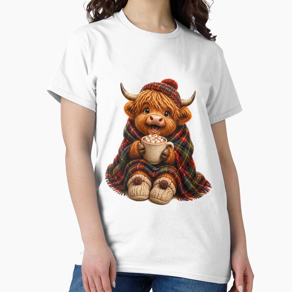 Cute Scottish Highland Cow with Hot Chocolate and Tartan Blanket by MaedK