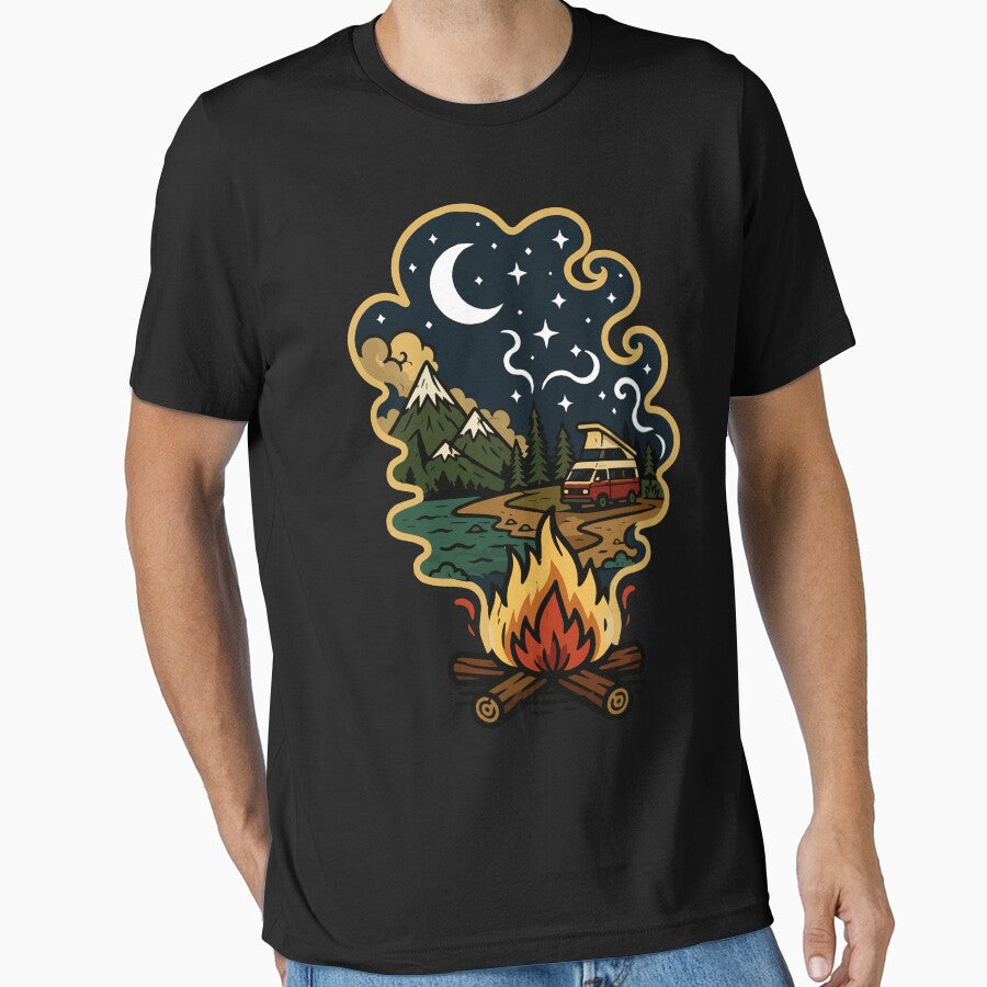 Campfire Smoke Transforming into a Mountain Camping Landscape with Camper Van, Crescent Moon, Pine Forest, and Starry Night Sky by Huddy-clothes