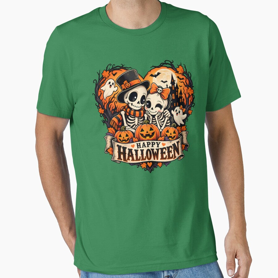 Happy Halloween Skeleton Couple Pumpkin Spooky Love T-Shirt by DesignArtist.ia