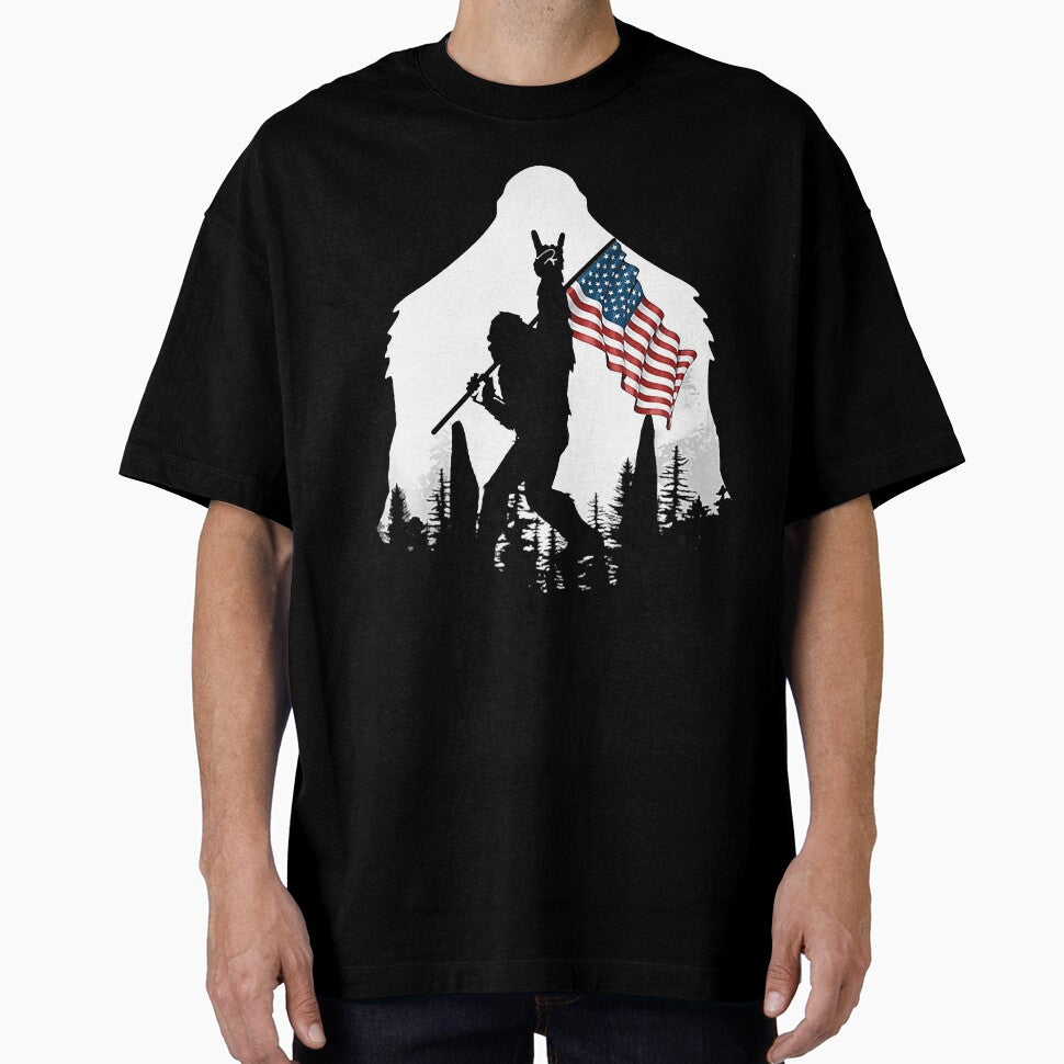 Bigfoot Victorty sign Peace USA Flag in the forest camping by Brigitte98