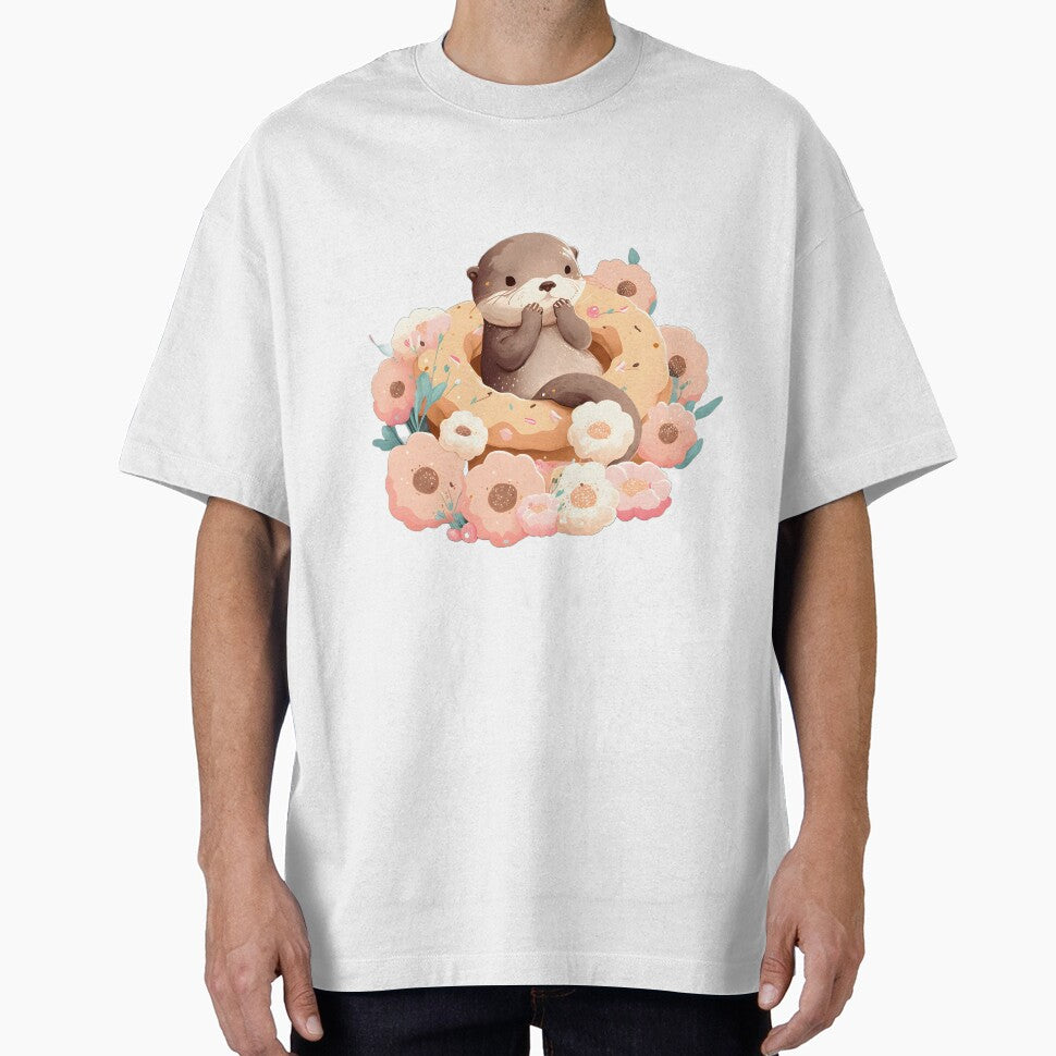 A cute otter eating a big donut in the bunch of pink flowers by SmileOtter