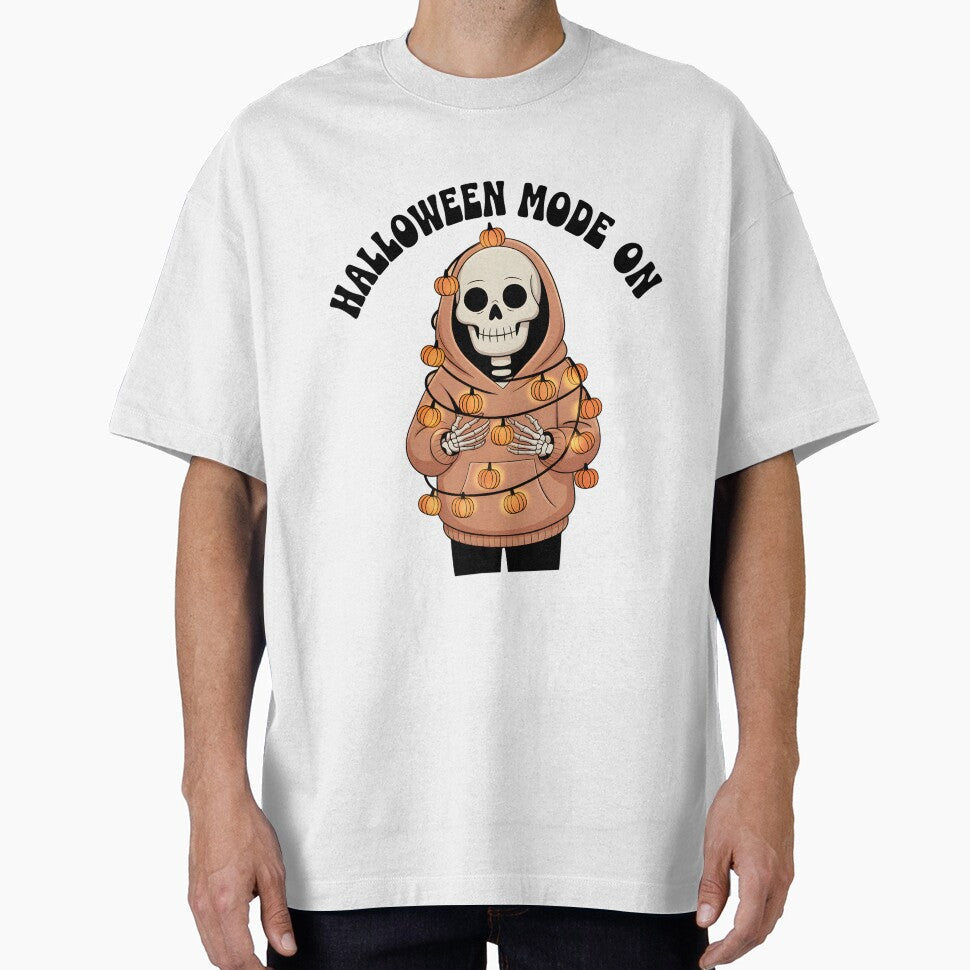 Halloween Mode On Skeleton Wrapped in Lights – Funny Spooky T-Shirt by Raw Tigers