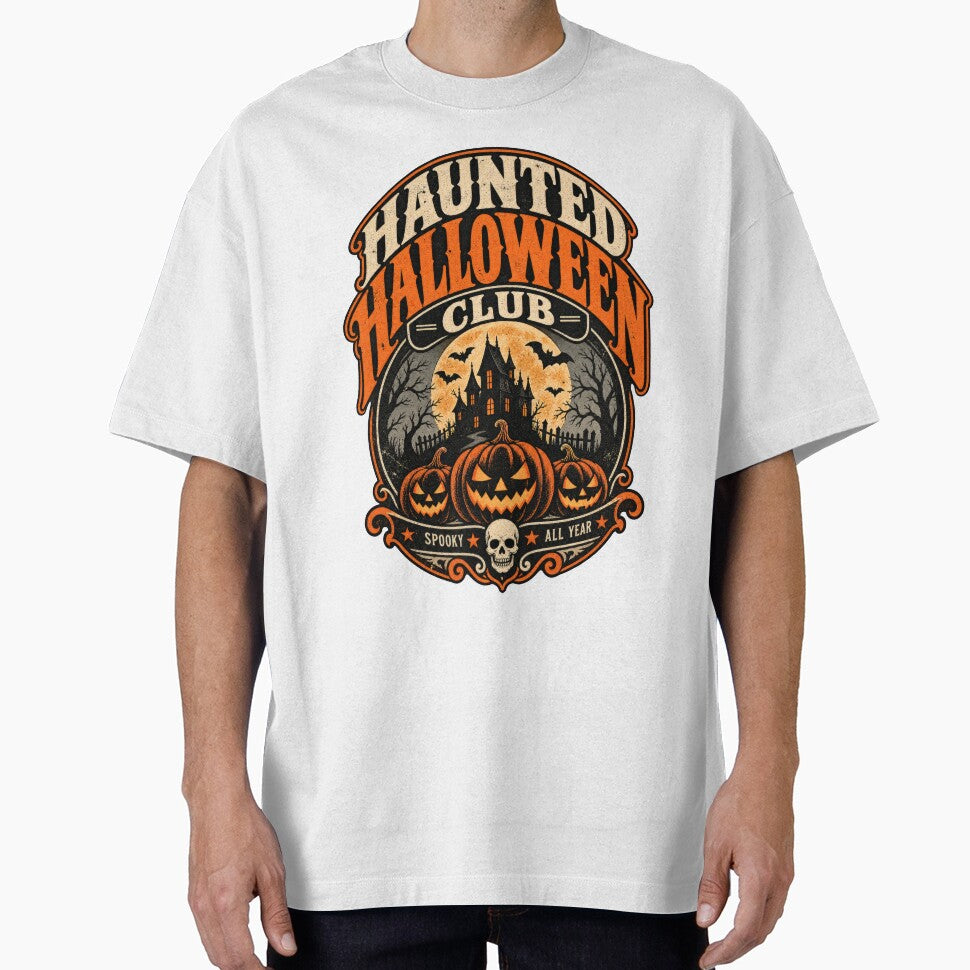 Haunted Halloween Club – Retro Vintage Spooky Haunted House & Jack-O’-Lantern Emblem by RockitBaby