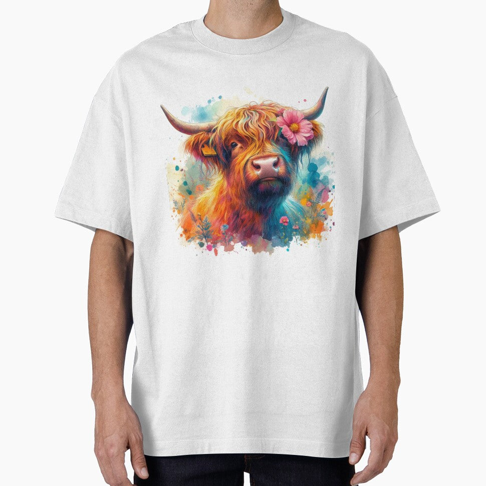 Pretty Scottish Highland Cow with Flower Colorful Watercolor by MaedK