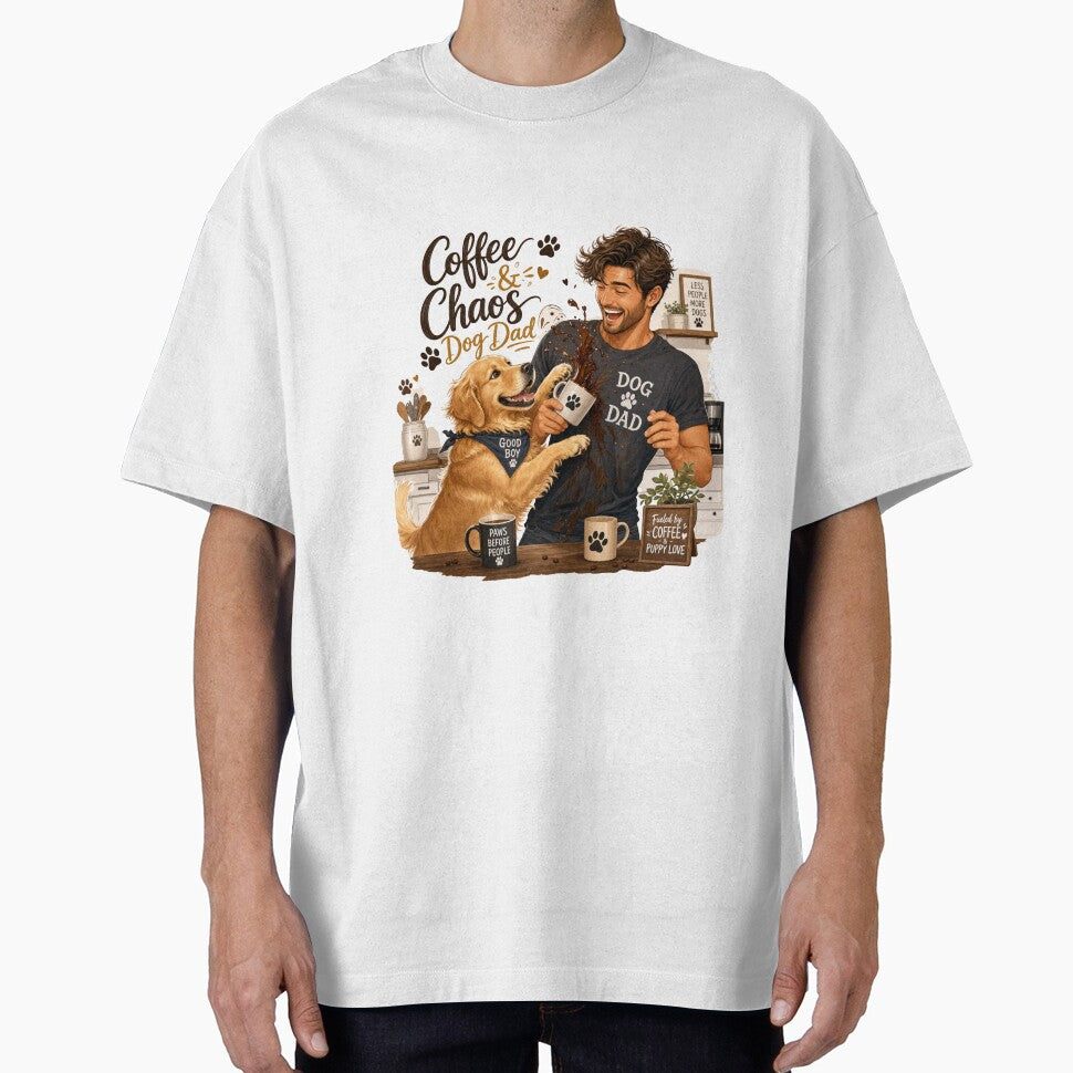 Coffee & Chaos Golden Retriever Dog Dad Kawaii T-Shirt Sticker by Ashley critters