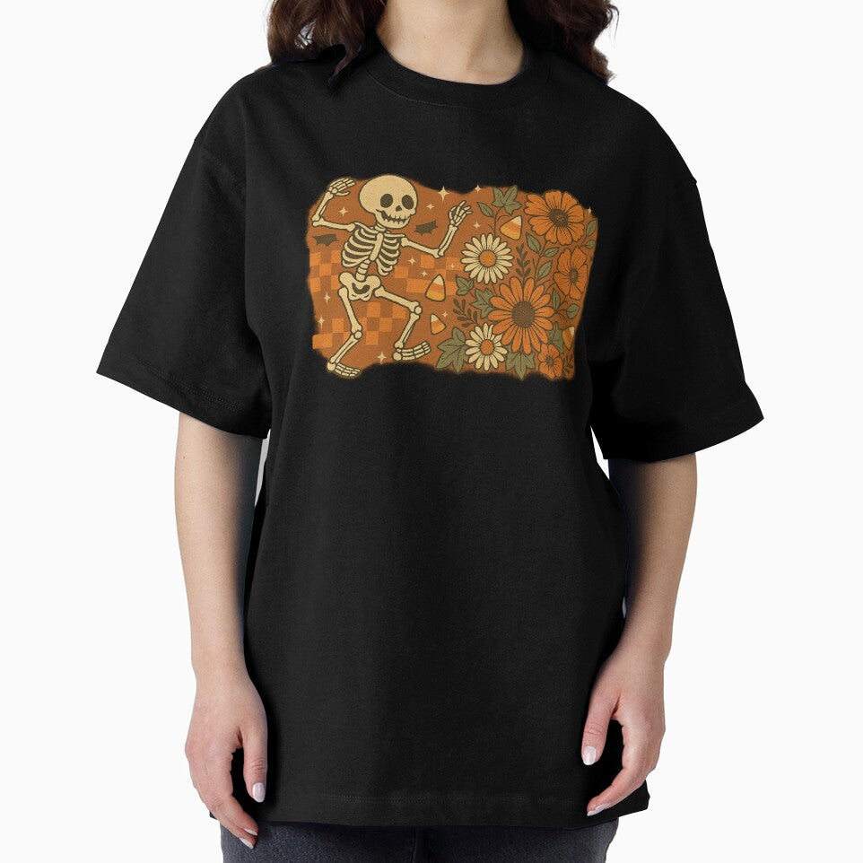 Dancing Skeleton with Retro Florals & Candy Corn – Vintage Halloween Tee by Threadfellas702