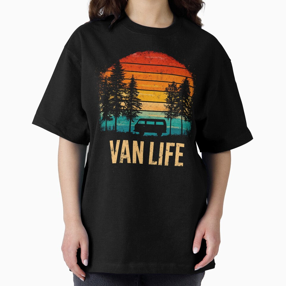 Vintage Camper Van Camping Retro Sunset Pine Forest by D-Oles-Mercher