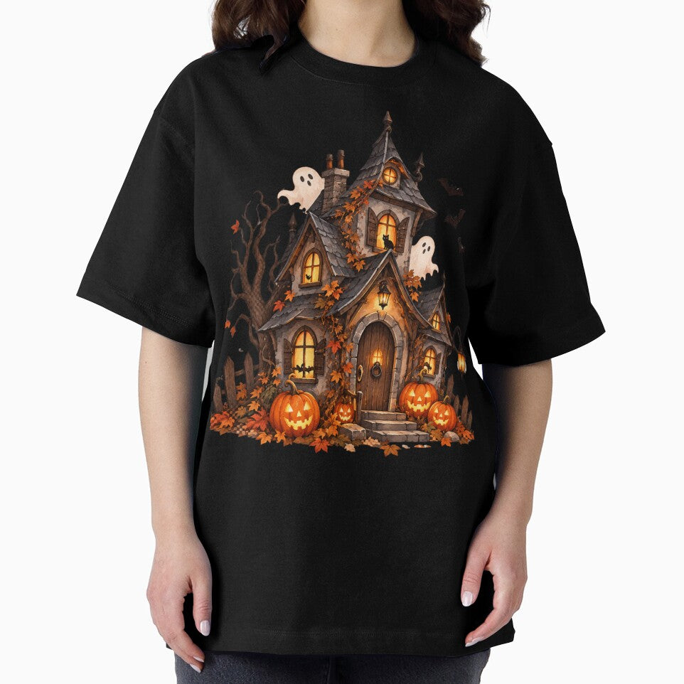 Cute Haunted House with Ghosts & Pumpkins – Whimsical Halloween Art by Safa  Reda