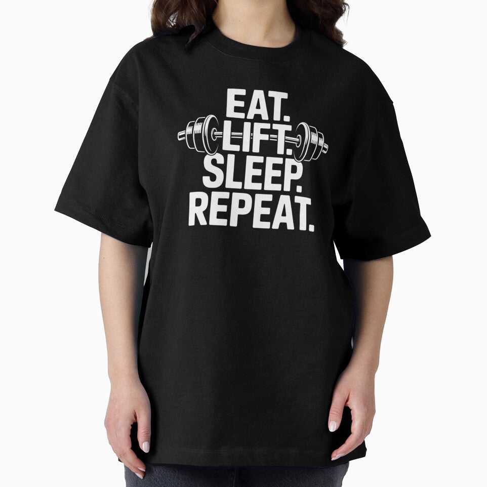 Eat. Lift. Sleep. Repeat – Gym Life Mantra with Barbell Design by teevoxx
