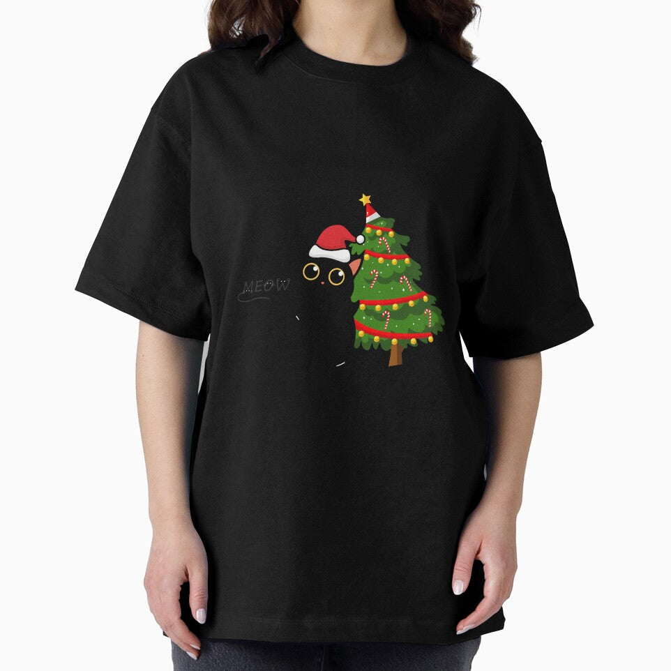 Funny black cat pushing christmas tree by sammanstore