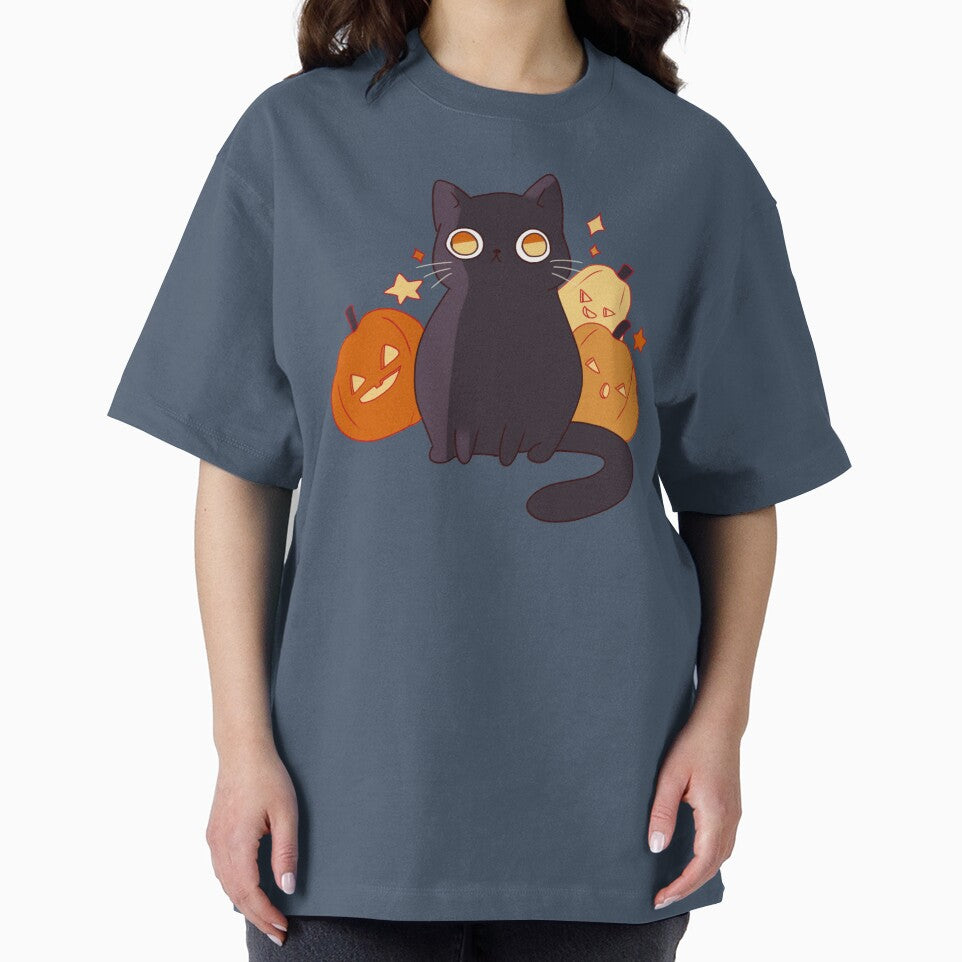 Halloween black cat with pumpkins by Mayarart