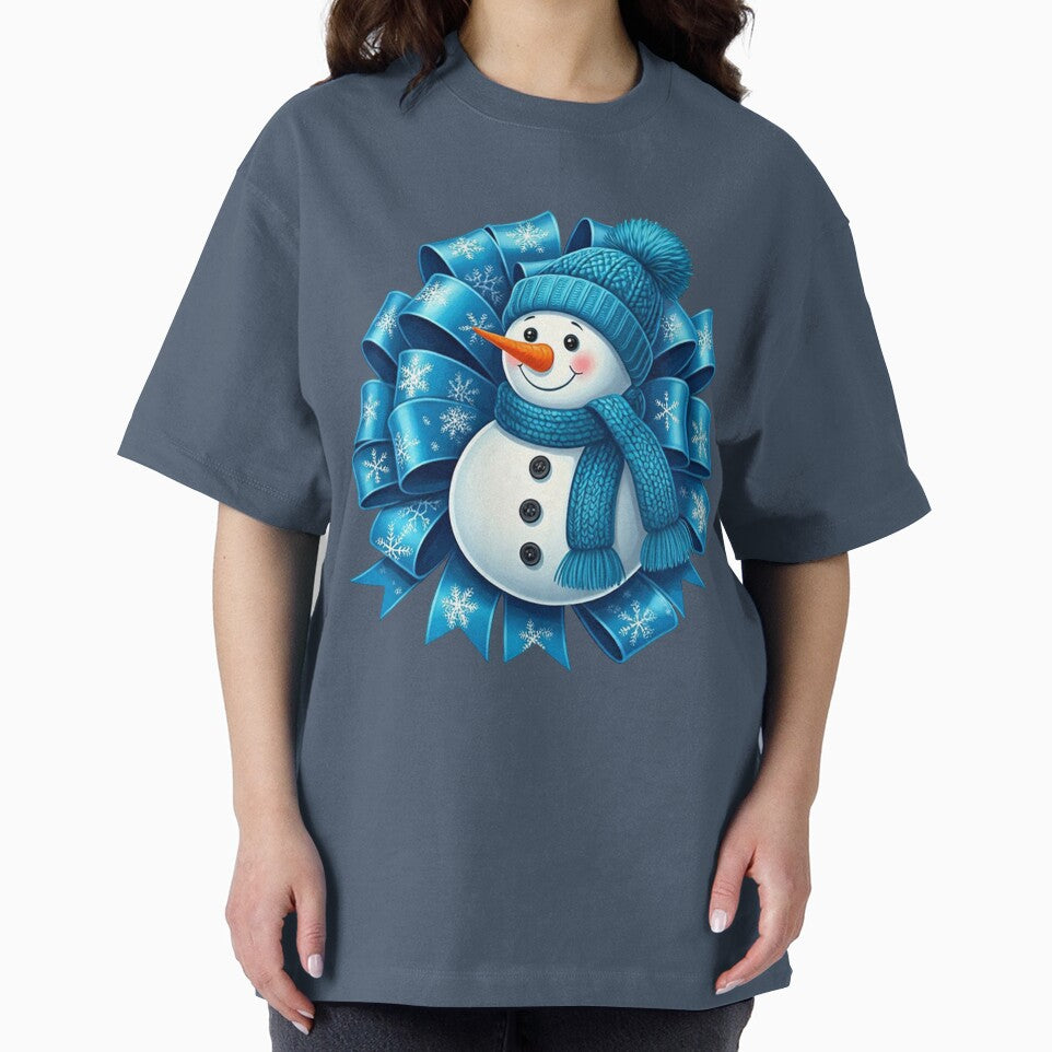 Cheerful Blue Snowman Illustration with Decorative Snowflake Bow | Festive Winter Holiday Art by PixelVibe782