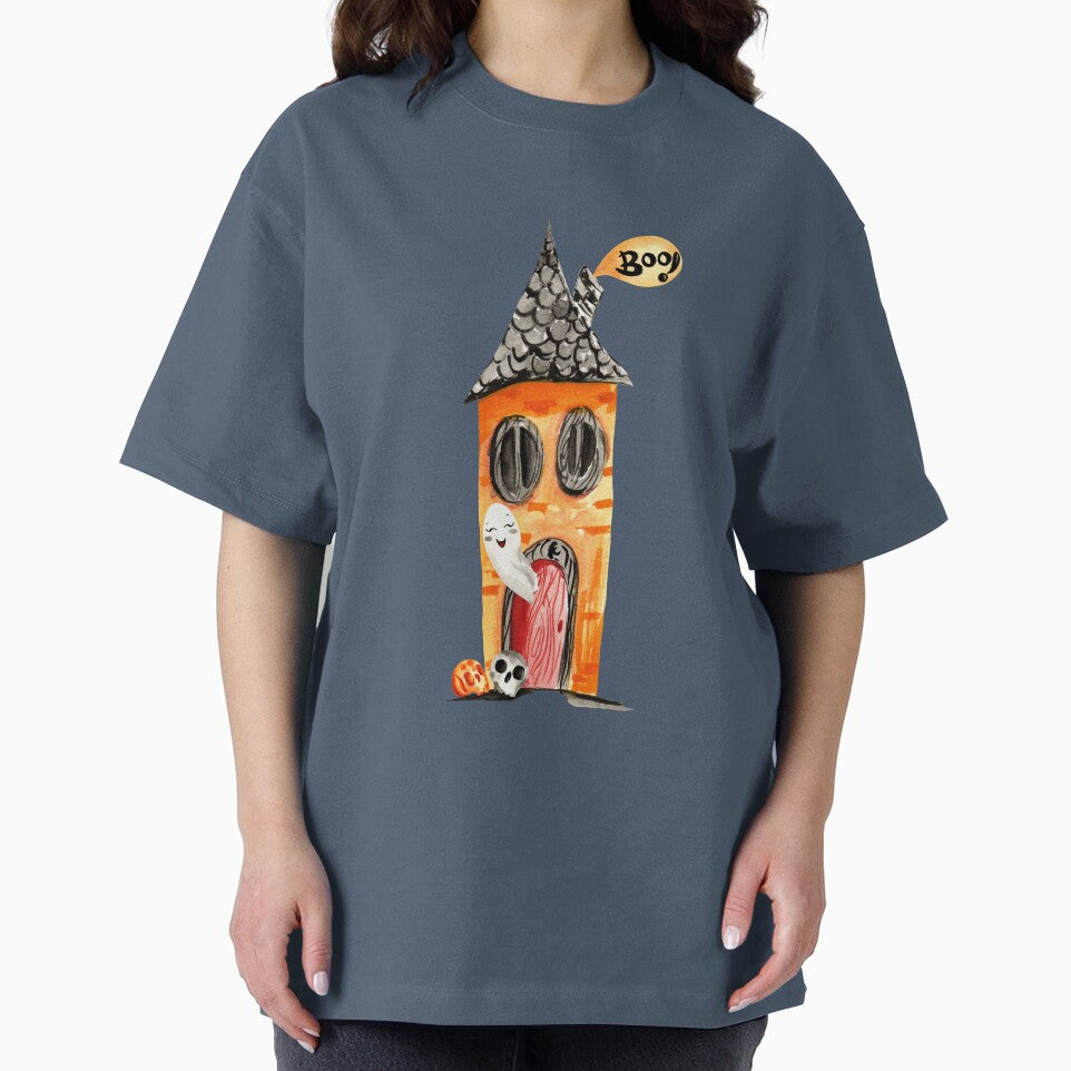 BOO! halloween haunted house and cute ghost by pinkyfish1010