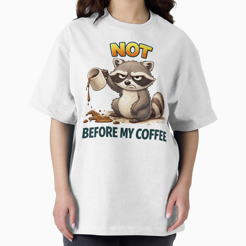 Not Before My Coffee Grumpy Raccoon Funny Caffeine Design. by The-T-In-Retro