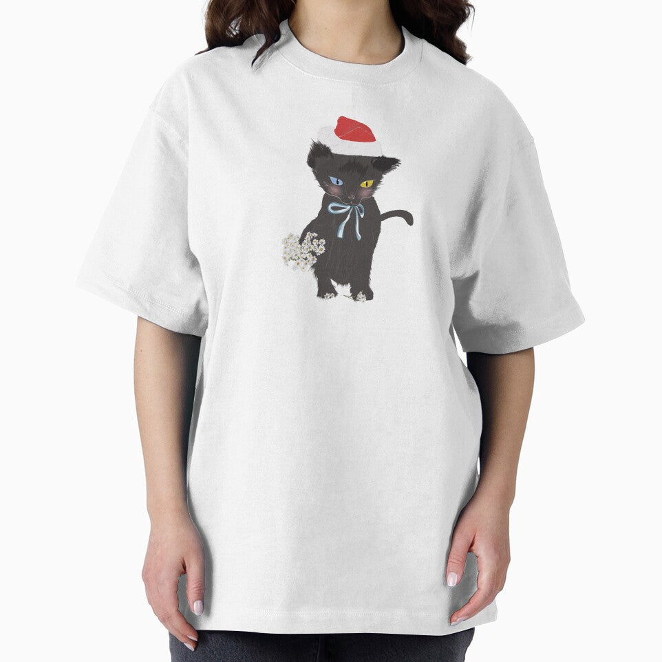 Christmas Theme Merry Christmas Black Cat – Cute Holiday Kitty with Santa Hat by Miza Drops